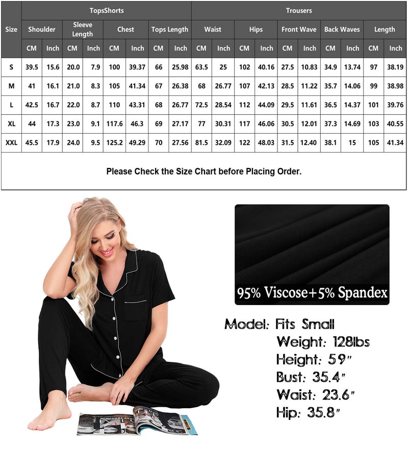 SWOMOG Women Pajama Sets Two-Piece Nightwear Short Sleeve Sleepwear Button Down Pj Lounge Sets with Long Pants Black - Image 5